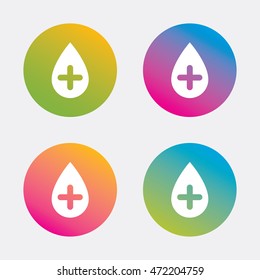Water drop with plus sign icon. Softens water symbol. Gradient flat buttons with icon. Modern design. Vector