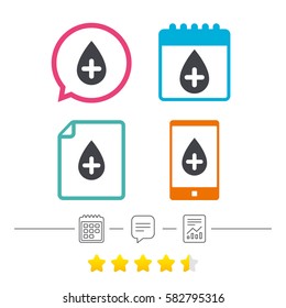 Water drop with plus sign icon. Softens water symbol. Calendar, chat speech bubble and report linear icons. Star vote ranking. Vector