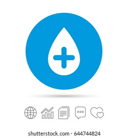 Water drop with plus sign icon. Softens water symbol. Copy files, chat speech bubble and chart web icons. Vector