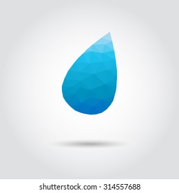 Water drop polygon icon in modern style with shadow and gray background. Geometric symbol of rainy day and fresh water.