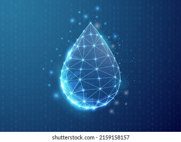 Símbolo poligonal de caída de agua con fondo de código binario. Ilustración vectorial de diseño de concepto de droplet. Óleo azul cae símbolo de poli bajo con puntos conectados