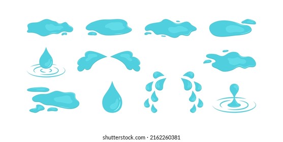 Water drop and puddle. Tear and sweat. Cartoon blue splash and droplet isolated on white background. Abstract illustration