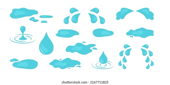 Water drop and puddle. Tear and sweat. Cartoon blue splash and droplet isolated on white background. Abstract illustration