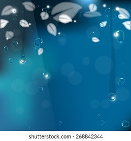 Water drop rain drop on clear glass with falling blue leaf background