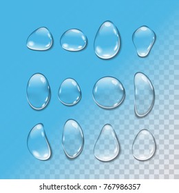 Water drop realistic vector illustration. Pure clear water drops set isolated on blue background