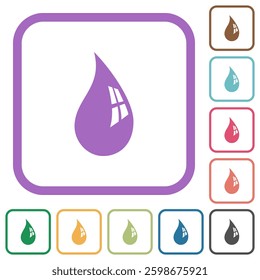 Water drop with reflection simple icons in color rounded square frames on white background