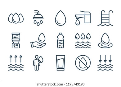 Water and Water drop related line icons. Drink and Swim vector linear icon set.