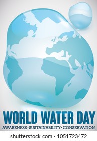Water drop resembling a world map to commemorate the World Water Day promoting awareness, sustainability and conservation of this vital liquid.