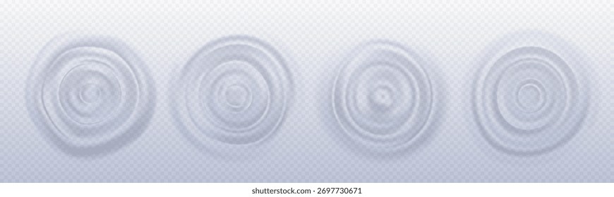 Ondulación de gota de agua aislada sobre fondo transparente. Vector ilustración realista de salpicaduras de ondas abstractas en la vista superior de la superficie, efecto de impacto de sonido, champú líquido redondo, jabón, remolinos de crema