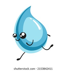 Water drop running fast, cute character. Vector illustration of funny blue aqua mascot. Cartoon cold clear raindrop or splash of liquid isolated on white