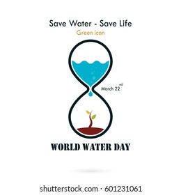 Water drop and sandglass icon with small tree icon vector logo design template.World Water Day icon.World Water Day idea campaign concept for greeting card and poster.Vector illustration