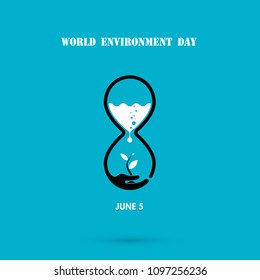 Water drop and sandglass icon with tree icon.World Environment day concept vector logo design.June 5st World Environment day concept.World Environment day Awareness Idea Campaign.Vector illustration