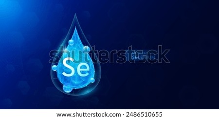 Water drop selenium minerals with blue polygon atom around. Vitamins complex for health protect and build immunity healthy. Medical scientific concepts. Banner vector illustration.