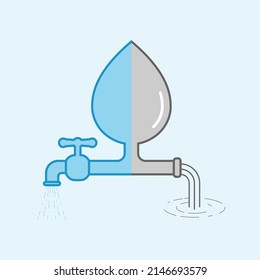 Water drop separated into 2 parts, merged with running tap and draining sewage symbols as a gimmick of water use balance. Vector illustration outline flat design style.