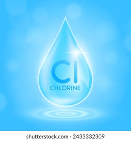 Water drop serum chlorine minerals from nature on blue background. Collagen solution or vitamins complex essential. For ads cosmetics medical. Vector EPS10.