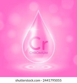 Water drop serum chromium minerals from nature on pink background. Collagen solution or vitamins complex essential. For ads cosmetics medical. Vector EPS10.