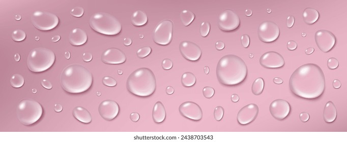 Water drop serum. Gel or oil droplet isolated on pink background, collagen liquid different forms, jelly clear cream hyaluron acid, transparent skin ball surface moisture. Vector glossy realistic set