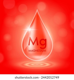 Water drop serum magnesium minerals from nature on red background. Collagen solution or vitamins complex essential. For ads cosmetics medical. Vector EPS10.
