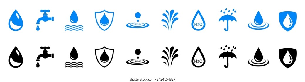 Iconos de juego de caída de agua, señales de ahorro de agua, impermeable líquido a prueba de agua, protección de agua resistente, vector