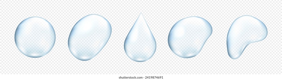 Water drop set isolated on transparent background. Realistic vector blue droplets.