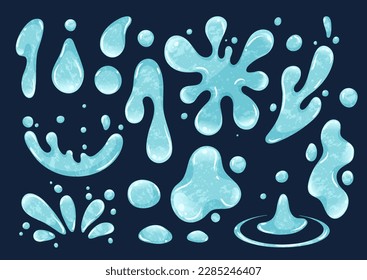 Water drop set. Liquid and aqua, H2O. Fight against thirst. Purity and freshness, cleanliness. Splatter and splashes collection. Cartoon flat vector illustrations isolated on blue background