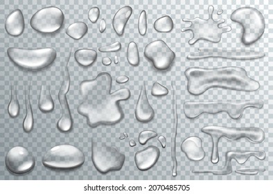 Water drop set, liquid transparent droplet vector illustration set. 3d realistic dew or rain, condensation clear bubbles on wet surface, macro closeup of shiny raindrops, environment object collection