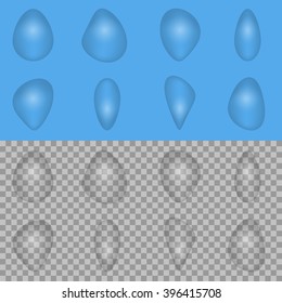 Water drop set on blue and transparent backgrounds
