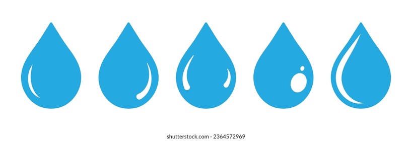 Colocación de agua en color azul cielo. Forma de caída de agua. Gotas de agua azul fijadas. El agua o el petróleo caen. Estilo plano Aislado sobre fondo blanco - Ilustración vectorial.