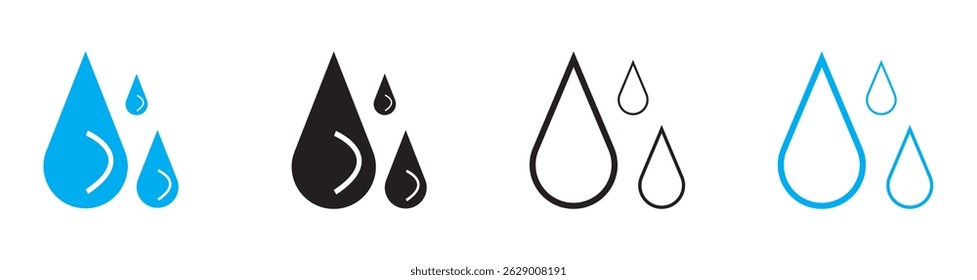 Forma de gota de agua. Conjunto de gotas de agua azul y negro. Colección de silueta de gotas de agua. Gota de lluvia, símbolo del petróleo. Iconos del vector