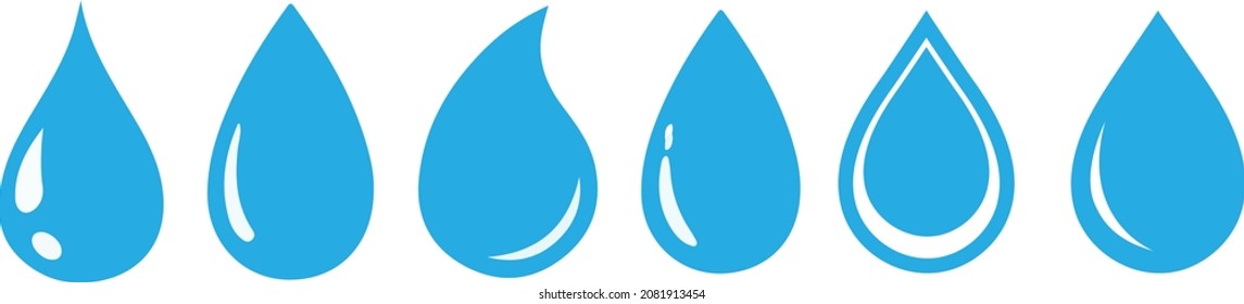 Forma de caída de agua. Gotas de agua azul fijadas. El agua o el petróleo caen. Estilo plano Aislado sobre fondo blanco - vector de material.