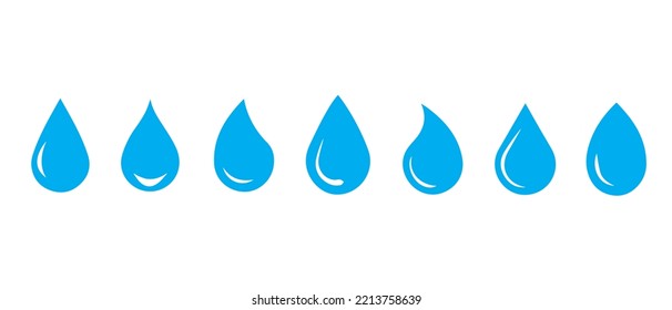 Forma de caída de agua. Gotas de agua azul fijadas. El agua o el petróleo caen. Estilo plano Aislado sobre el vector de fondo blanco.
