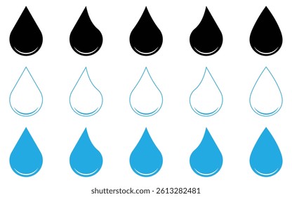 Water drop shape. Blue water drops set. Water or oil drop. Flat style Isolated on white background, icon set, Vector illustration. 
