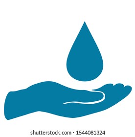 water drop shape blue and hand isolated on white background, water droplet in hand flat icon, blue water drop for logo graphic design, water droplet symbol over hand