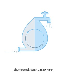 Water Drop Shape Divided Into Two Parts Of Freshwater And Greywater With Recycling Arrow Symbol. Water Recycling Concept. Vector Illustration Outline Flat Design Style.