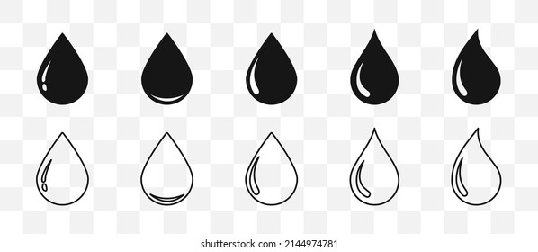 Forma de caída de agua. Colección de gotas de agua. Ilustración vectorial. Iconos del contorno de caída de agua o de aceite. EPS 10.