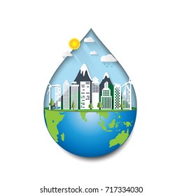 Water drop shape of eco city and nature landscape concept paper art style design with green energy and environment conservation concept.Vector illustration.