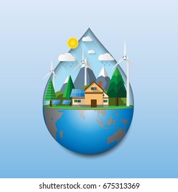 Water drop shape of eco friendly and nature landscape concept flat design with green energy ecological and nature conservation concept design.Vector illustration.