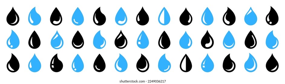 Icono de forma de caída de agua. El agua o la lluvia caen en forma de iconos establecidos. Caída de sangre o aceite. Logo de fontanería. Esquema de estilo plano. Ilustración del vector