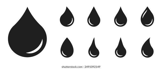 Water drop shape icon set. Blood icon symbol silhouette. Various shapes of water drops, water and rain simple icon. Plumbing logo. Blood or oil drop. Vector illustration