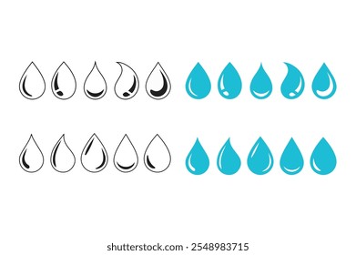 Conjunto de iconos de forma de gota de agua. Silueta de símbolo de icono de sangre. Varias Formas de gotas de agua, agua y lluvia son íconos simples. Logotipo de fontanería. Gota de sangre o aceite.