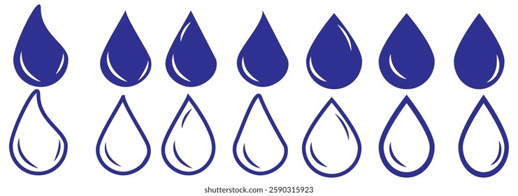 Water drop shape icon set. Blood icon symbol silhouette. Various shapes of water drops, water and rain simple icon. Plumbing logo. Blood or oil drop. Vector illustration