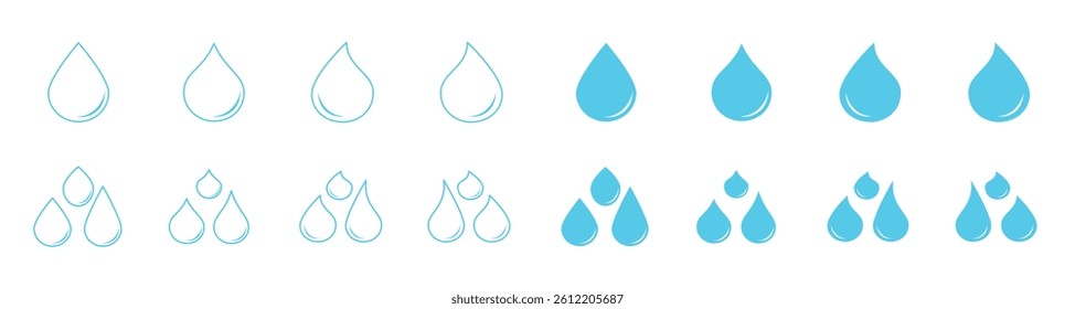 Water drop shape icon set. Blood icon symbol silhouette. Various shapes of water drops, water and rain simple icon. Plumbing logo. Blood or oil drop. Vector illustration. water drop Logo Template vect