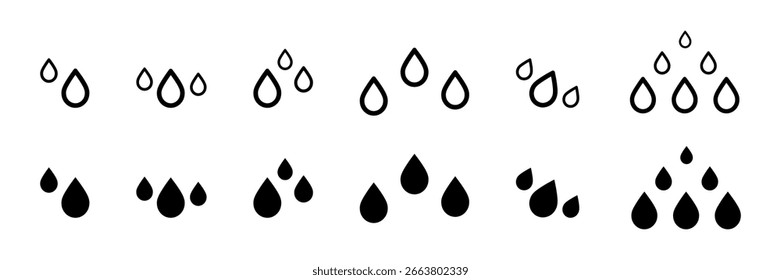 Water drop shape icon set. Blood icon symbol silhouette. Various shapes of water drops, water, and rain, simple icon. Oil drop icon. Vector illustration