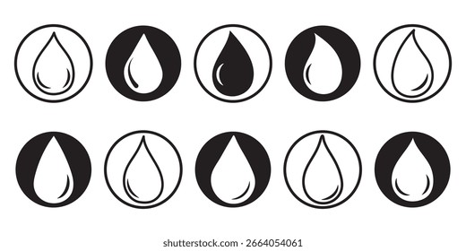 Water drop shape icon set. Blood icon symbol silhouette. Various shapes of water drops, water and rain simple icon. Plumbing logo. Blood or oil drop. Vector illustration.