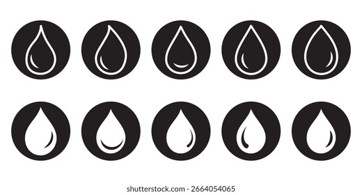 Conjunto de iconos de forma de gota de agua. Silueta de símbolo de icono de sangre. Varias Formas de gotas de agua, agua y lluvia simple icono. Logotipo de fontanería. Gota de sangre o aceite. Ilustración vectorial.