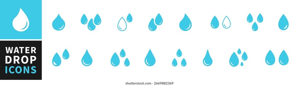 Wassertropfen Form Symbol gesetzt. Blutsymbol Silhouette. Verschiedene Formen von Wassertropfen, Wasser und Regen einfache Ikone. Klempnerlogo. Blut oder Öltropfen. Vektorgrafik