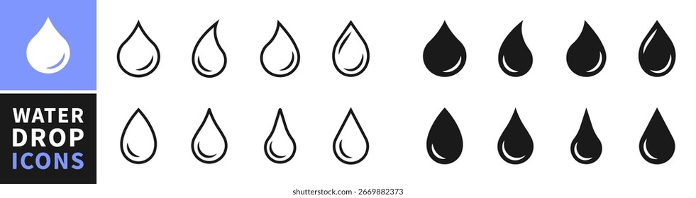 Conjunto de iconos de forma de gota de agua. Silueta de símbolo de icono de sangre. Varias Formas de gotas de agua, agua y lluvia simple icono. Logotipo de fontanería. Gota de sangre o aceite. Ilustración vectorial