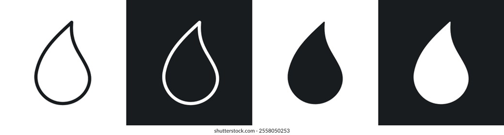 Water drop shape icons pack in black and white filled and outlined versions.