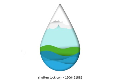 water drop shape vector illustration in paper craft cut style design, ecology concept nature environment symbol, vector illustration