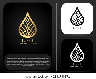 water drop shaped leaf logo gold design